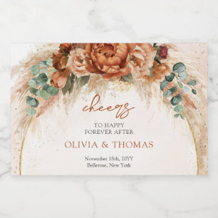 Boho Terracotta and burgundy flowers pampas grass  Sparkling Wine Label