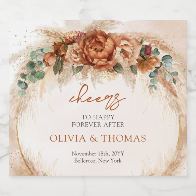 Boho Terracotta and burgundy flowers pampas grass  Sparkling Wine Label (Single Label)