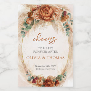 Boho Terracotta and burgundy flowers pampas grass Wine Label