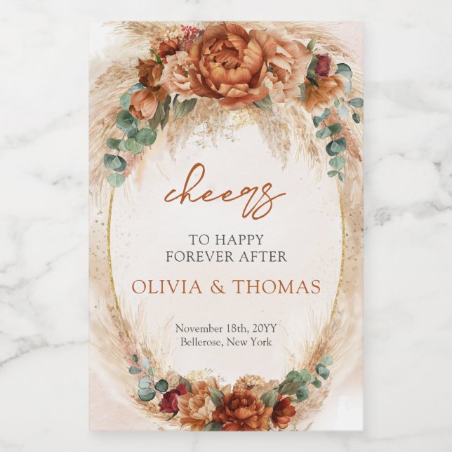 Boho Terracotta and burgundy flowers pampas grass  Wine Label (Single Label)