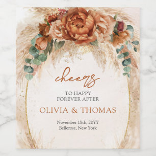 Boho Terracotta and burgundy flowers pampas grass  Wine Label