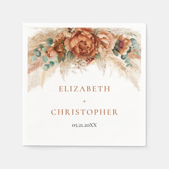 Boho terracotta and burgundy pampas copper wedding napkin (Front)