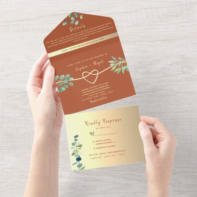 Boho Terracotta and Greenery Wedding All In One In All In One Invitation (Tearaway)
