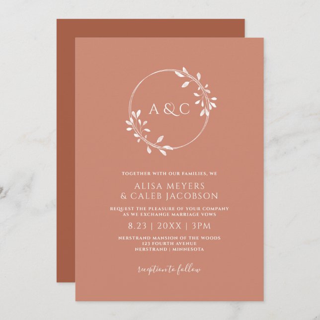Boho Terracotta and Rust Wedding Simple Wreath Invitation (Front/Back)