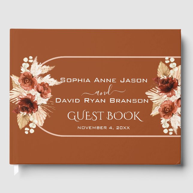 Boho Terracotta Arch Pampas Grass Floral Wedding  Guest Book (Front)