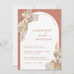 Boho Terracotta Arch Pampas Grass Wedding Invitation