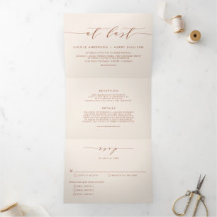 Boho Terracotta At Last Minimalist Script Wedding Tri-Fold Invitation