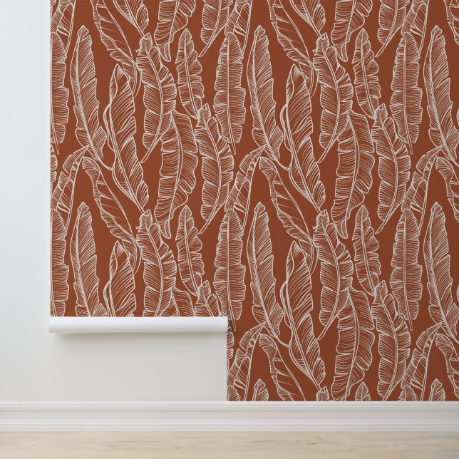 Boho Terracotta Banana Leaves Print Wallpaper (Application)