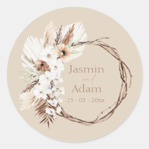 Boho Terracotta Beige Dried Floral Wreath Wedding Classic Round Sticker