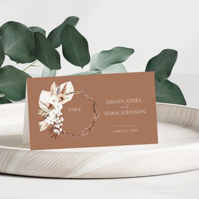 Boho Terracotta Beige Dried Floral Wreath Wedding Place Card (Boho Terracotta Floral Wreath Wedding Place Card)