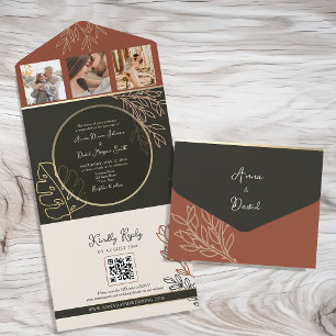 Boho Terracotta Black and White Wedding All In One Invitation