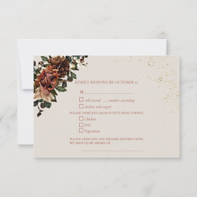 Boho Terracotta Botanical Floral Gold RSVP Card (Back)