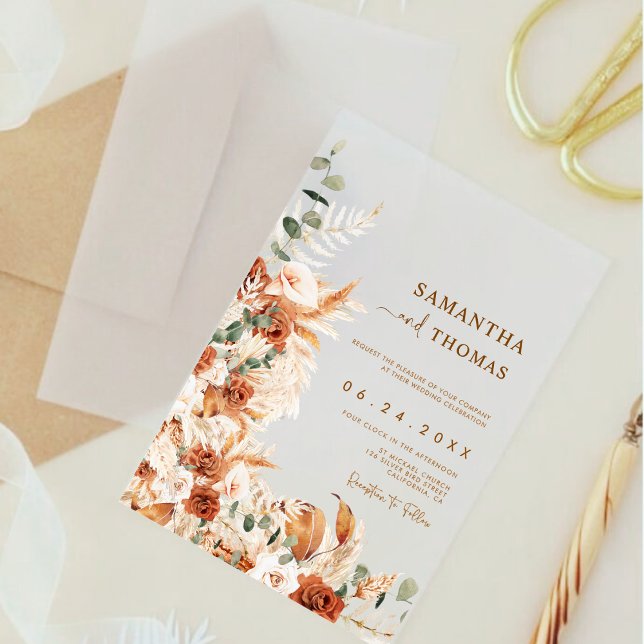 Boho Terracotta Botanical Pampas Elegance Wedding Acrylic Invitations (Creator Uploaded)