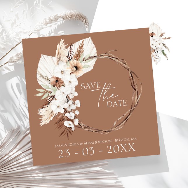 Boho Terracotta Brown Dried Floral Wreath Wedding Save The Date (Boho Terracotta Brown Dried Floral Wreath Wedding Save The Date)