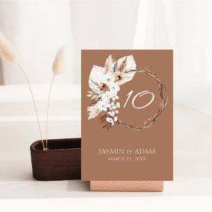 Boho Terracotta Brown Dried Floral Wreath Wedding Table Number