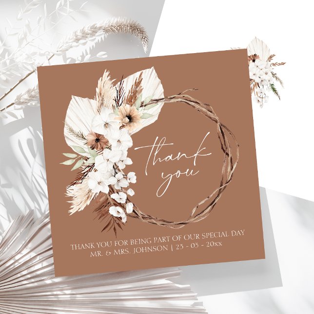 Boho Terracotta Brown Dried Floral Wreath Wedding Thank You Card (Boho Terracotta Brown Dried Floral Wreath Wedding Thank You Card)