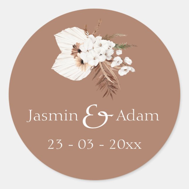 Boho Terracotta Brown Pampas Grass Floral Wedding Classic Round Sticker (Front)