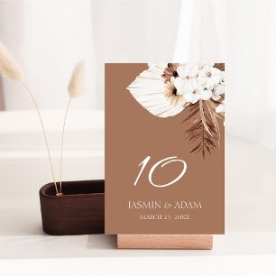 Boho Terracotta Brown Pampas Grass Floral Wedding Table Number