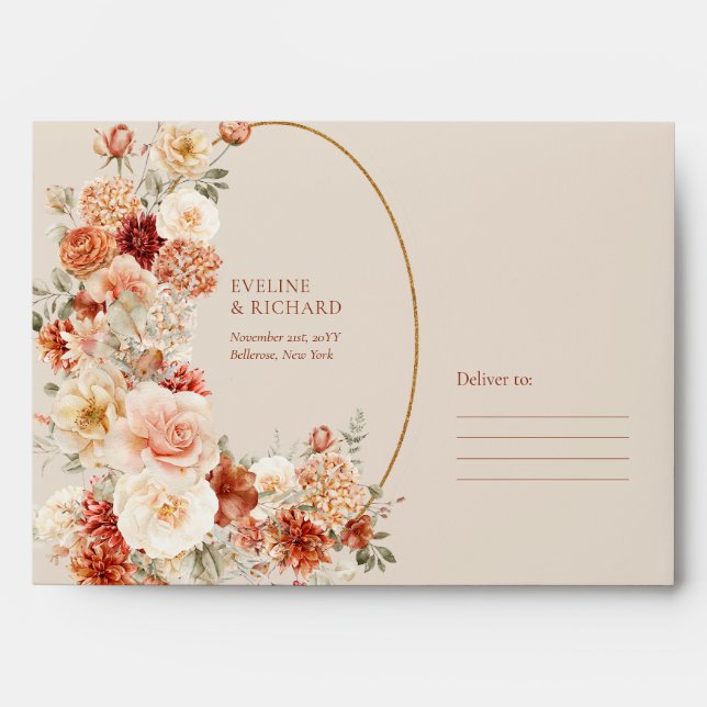 Boho terracotta burgundy floral eucalyptus gold envelope (Front)