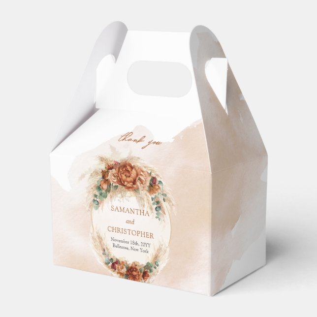 Boho terracotta burgundy floral eucalyptus gold favour box (Front Side)