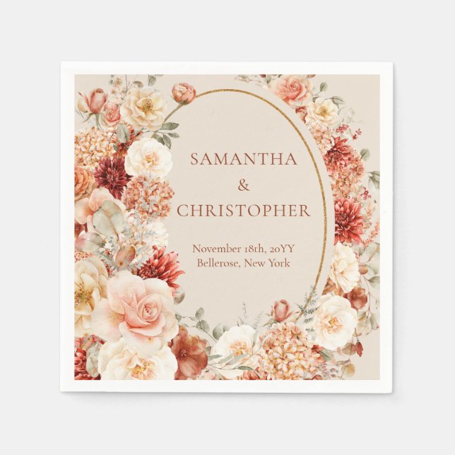 Boho terracotta burgundy floral eucalyptus napkins (Front)