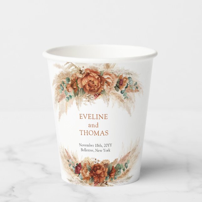 Boho terracotta burgundy floral eucalyptus wedding paper cups (Front)