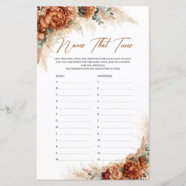 Boho terracotta burgundy flowers Name That Tune (Front)