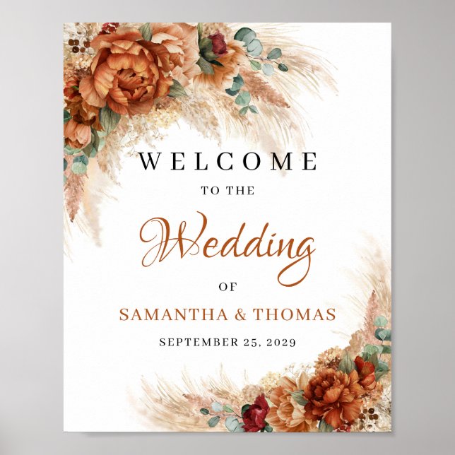 Boho terracotta burgundy pampas grass Wedding Sign (Front)
