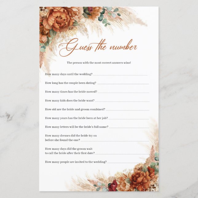 Boho terracotta burgundy pampas Guess The Number (Front)