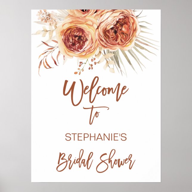 Boho Terracotta Burnt Orange Floral Bridal Welcome Poster (Front)