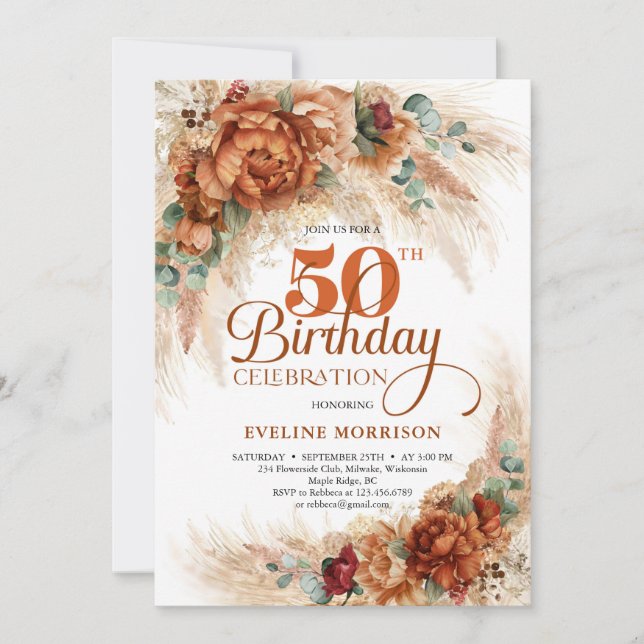 Boho terracotta burnt orange pampas eucalyptus   invitation (Front)