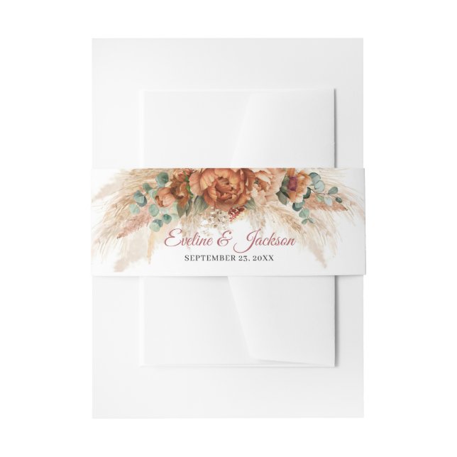 Boho terracotta burnt orange pampas greenery invitation belly band (Front Example)