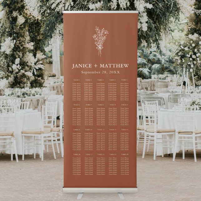 Boho Terracotta Burnt Orange Wedding Seating Chart Retractable Banner (Boho terracotta burnt orange seating chart banner guides guests smoothly with warm, personal style)