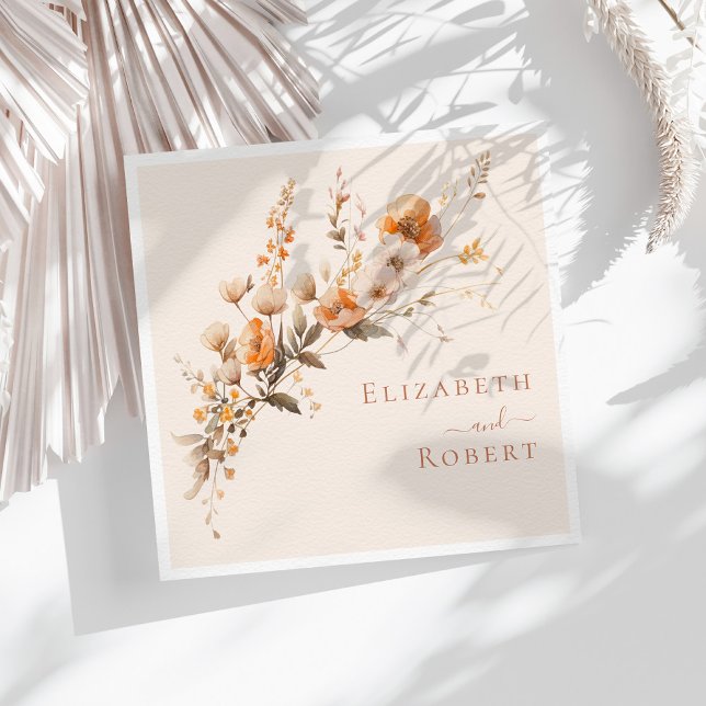 Boho Terracotta Burnt Orange Wildflowers Wedding Napkin (Boho Terracotta Burnt Orange Wildflowers Wedding Napkins on a sunny table with white dry flowers)