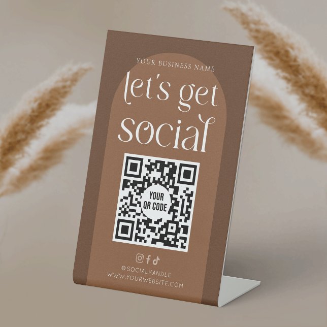 Boho Terracotta Business Social Media QR Code Pedestal Sign (Modern boho social media sign with QR code, featuring earthy terracotta tones and a minimal design)