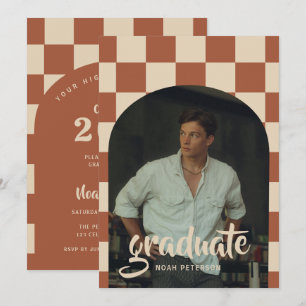 Boho Terracotta Chequered Arch Photo Graduation Invitation
