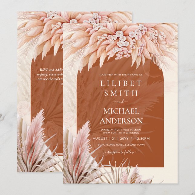BOHO Terracotta Coral Pampas Grass Wedding (Front/Back)