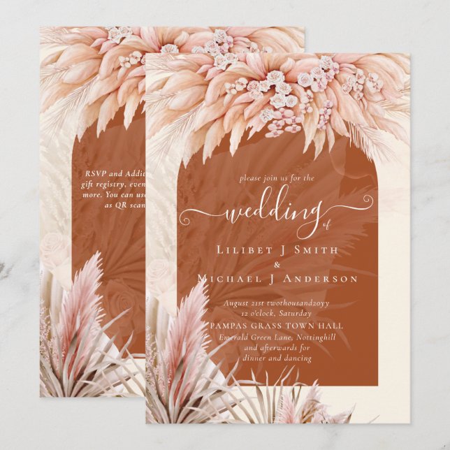 BOHO Terracotta Coral Pampas Grass Wedding Invitation (Front/Back)