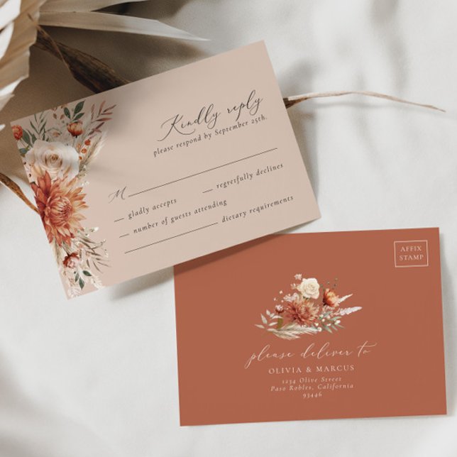 Boho Terracotta Dahlia Floral Elegant Wedding RSVP Card (Creator Uploaded)