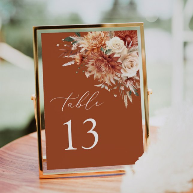 Boho Terracotta Dahlia Rose Wedding Table Number (Creator Uploaded)