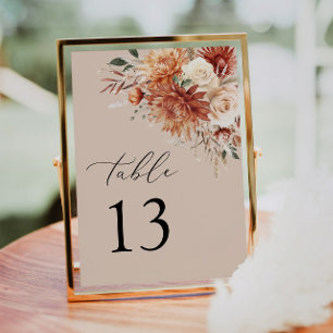 Boho Terracotta Dahlia Rose Wedding Table Number