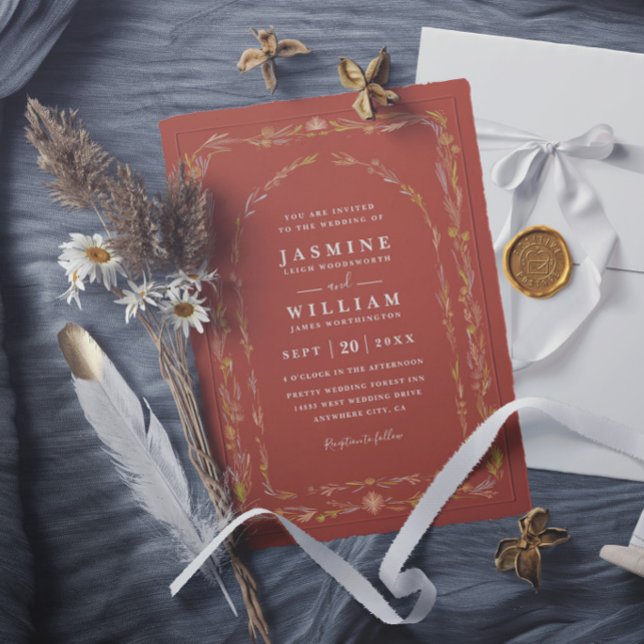 Boho Terracotta Delicate Floral Rustic Wedding Invitation (Creator Uploaded)
