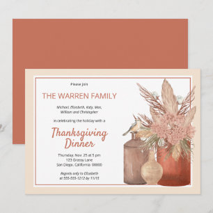 Boho Terracotta Dried Grasses Thanksgiving Dinner Invitation