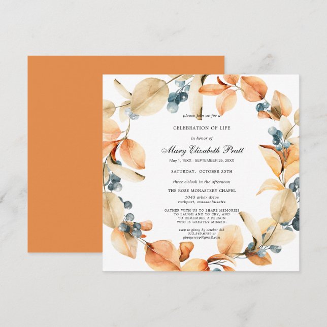 Boho Terracotta Dried Palm Celebration of Life  In Invitation (Front/Back)