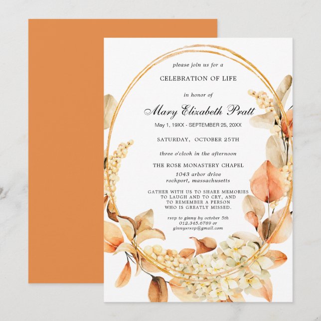 Boho Terracotta Dried Palm Celebration of Life  Invitation (Front/Back)