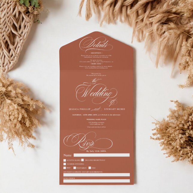 Boho terracotta elegant script calligraphy wedding all in one invitation (Boho terracotta elegant script calligraphy wedding all in one invitation)