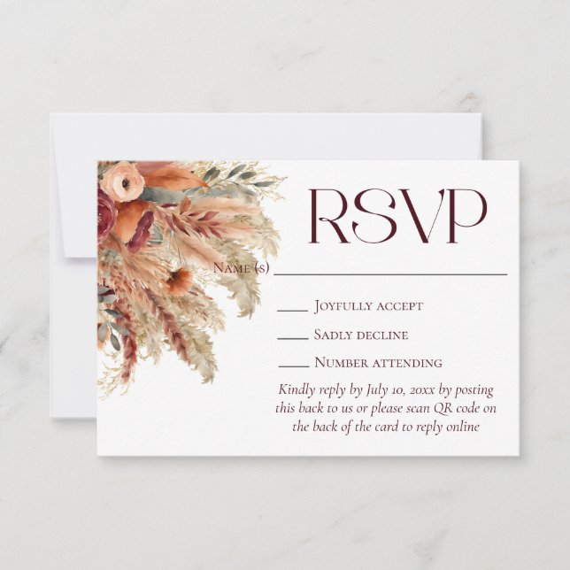 Boho Terracotta Fall Dried Florals Pampas Grass RSVP Card (Front)