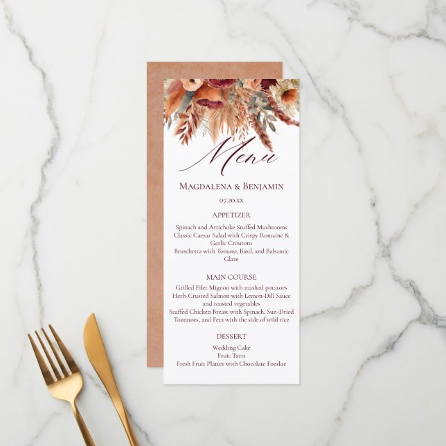 Boho Terracotta Fall Florals Dried Pampas Grass Menu (Front/Back In Situ)