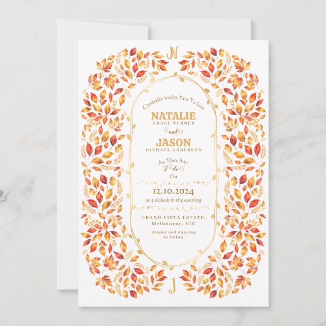 Boho Terracotta Fall Leaves Rustic Wedding Invitation (Front)
