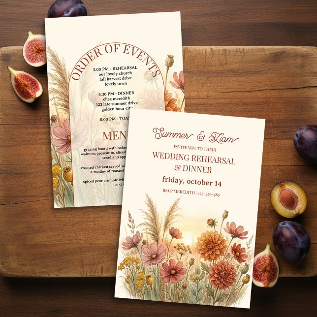 Boho Terracotta Fall Wildflower Rehearsal Dinner Invitation (Wedding Rehearsal Dinner invitation designed with fall meadow wildflowers by Darling & May)